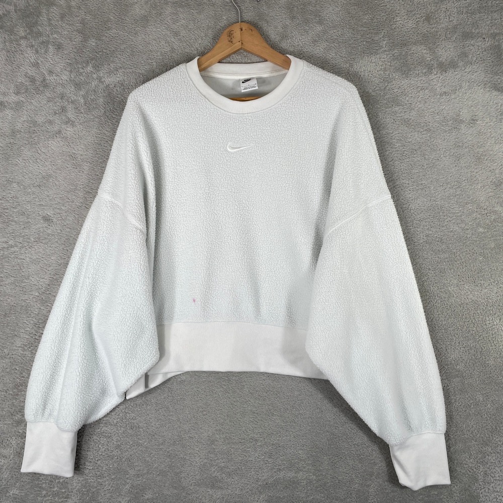 Nike Sherpa Fleece‎ Sweatshirt Womens Large White Cropped Oversized Swoosh